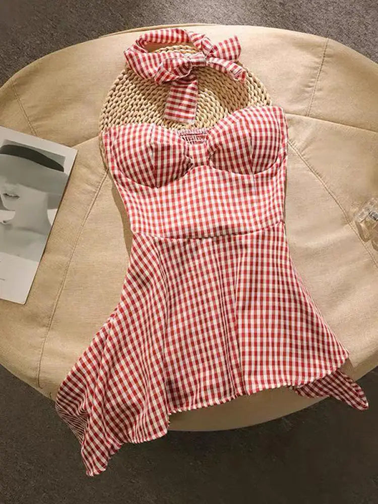 Summer French Plaid Off Shoulder Sleeveless Irregular Strapless Tops Women Backless High Waist Slim Short Top Fashion Clothing