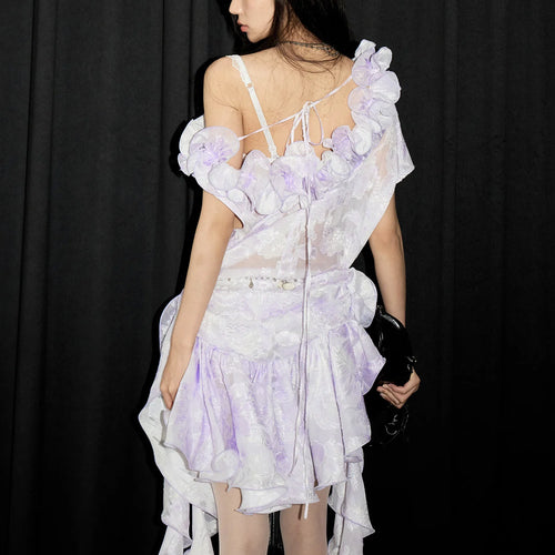 Load image into Gallery viewer, Women Light Purple Printed Ruffles Dress New Asymmetrical Collar Short Sleeve Fashion Tide Spring Summer 2025 1DJ1449
