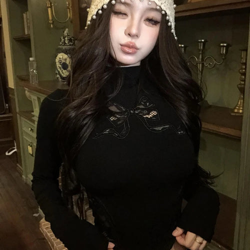 Load image into Gallery viewer, Y2k Aesthetic Vintage Lace Patchwork Tees 2025 Slim Fit Streetwear Autumn Bow Tshirts Women Harajuku Grunge Bottoming Crop Tops

