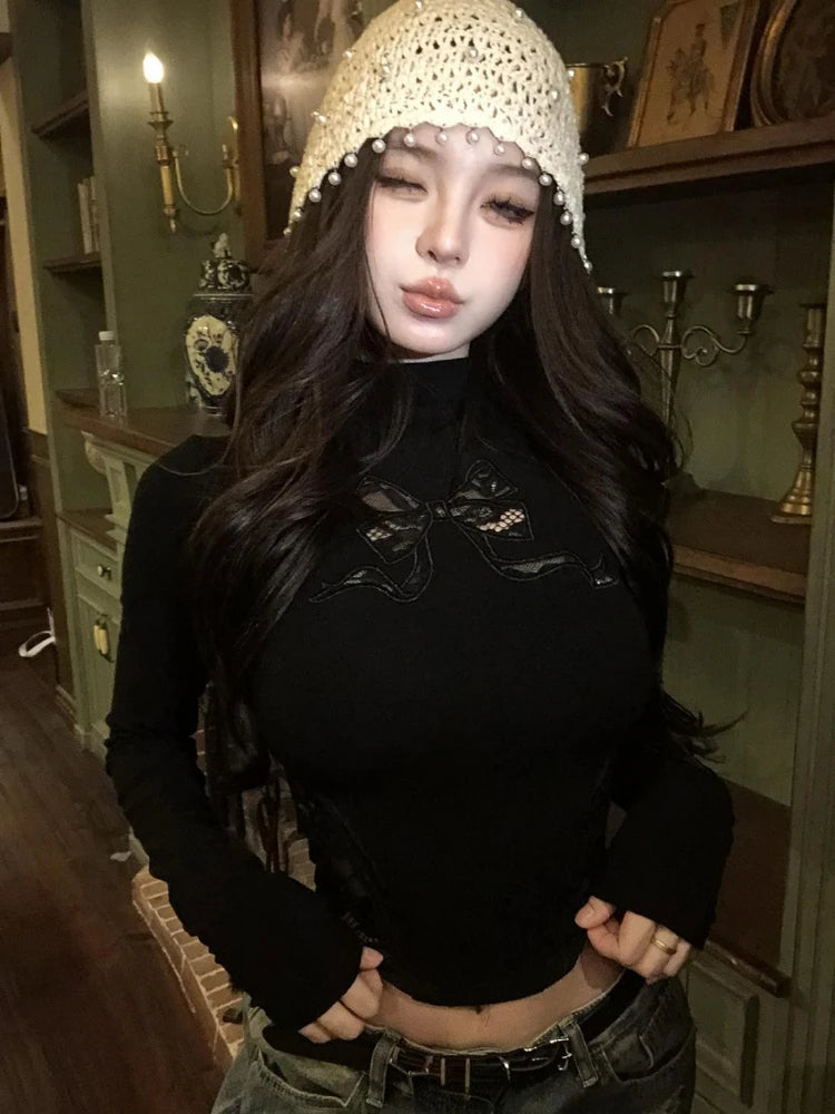 Y2k Aesthetic Vintage Lace Patchwork Tees 2025 Slim Fit Streetwear Autumn Bow Tshirts Women Harajuku Grunge Bottoming Crop Tops