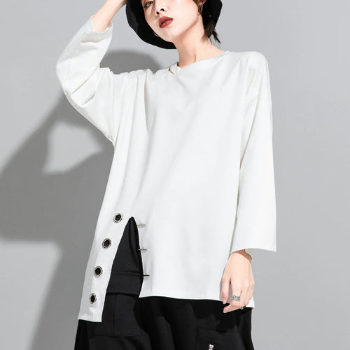 Load image into Gallery viewer, Women Black Asymmetrical Stitch Big Size T-shirt New Round Neck Long Sleeve  Fashion Tide  Spring Autumn 2025 1S190
