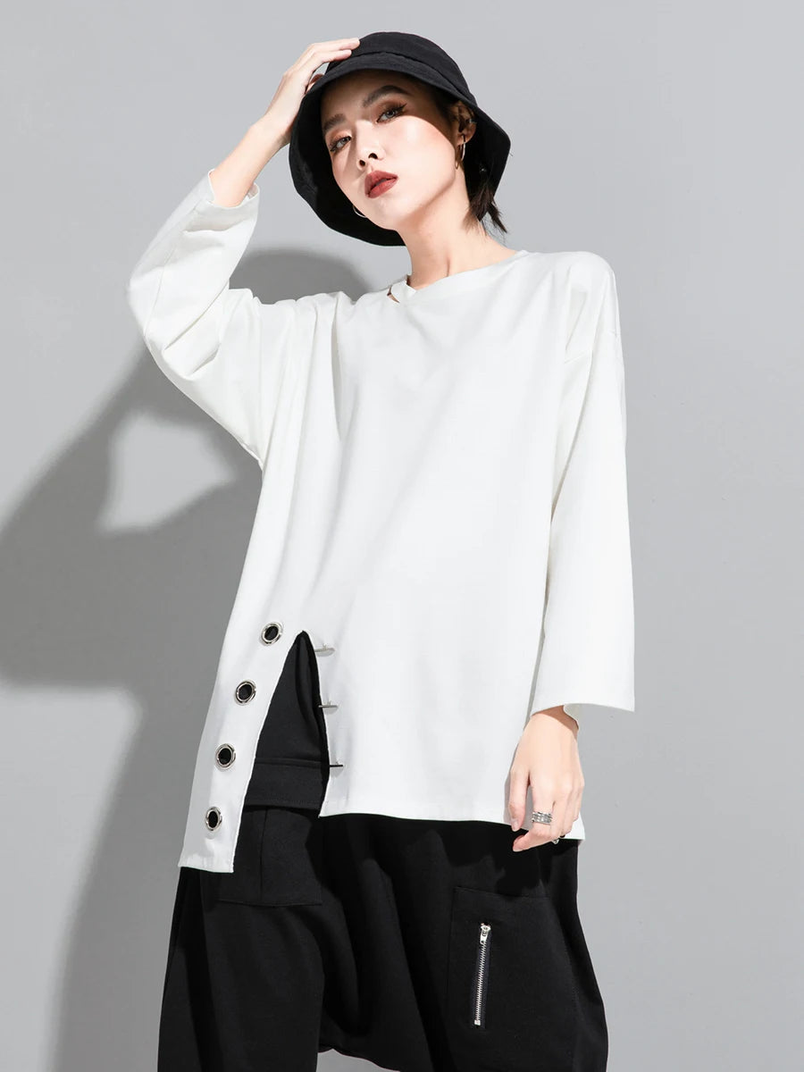 Women Black Asymmetrical Stitch Big Size T-shirt New Round Neck Long Sleeve  Fashion Tide  Spring Autumn 2025 1S190