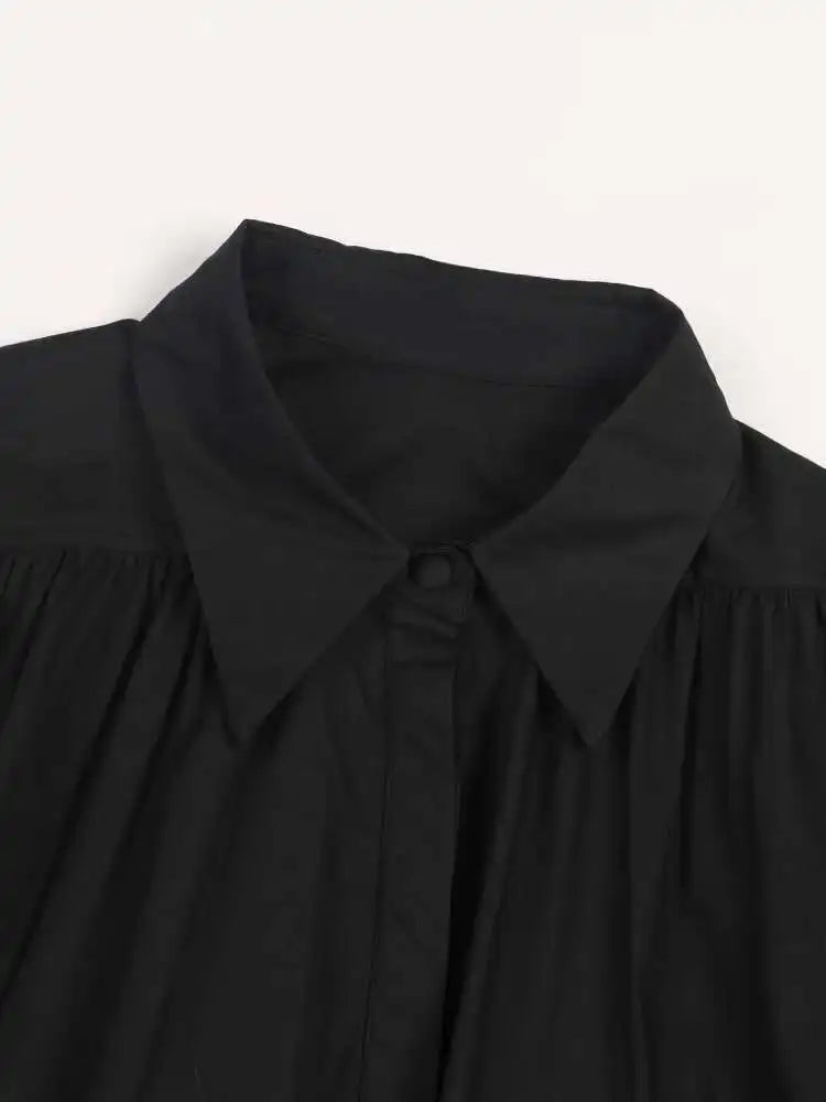 Women Black Pleated Elegant Mini Shirt Dress New Lapel Long Sleeve Loose Fit Fashion Tide Spring Autumn 2025 1DE365901