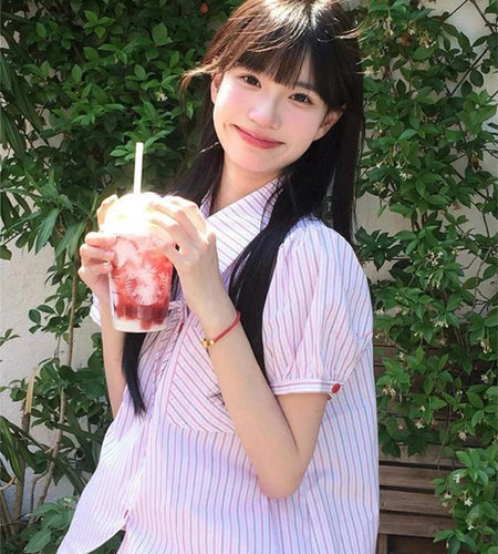 Y2k Aesthetic Red Stripe Casual Pocket Women Blouse Vintage Single Breasted Bow Blusas Preppy Style Turn Down Collar Grunge Tops