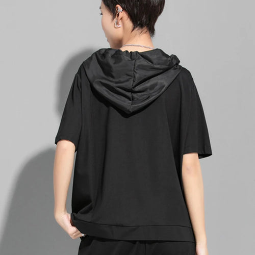 Load image into Gallery viewer, Women Black Thin Drawstring Big Size Casual T-shirt New Hooded Short Sleeve Fashion Tide Spring Summer 2025 1DJ1758
