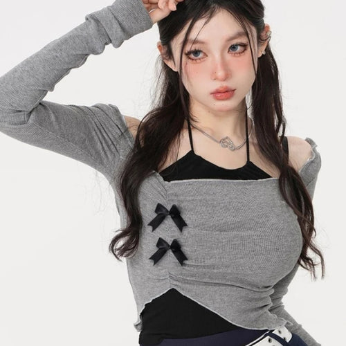 Load image into Gallery viewer, 2025 Autumn New Slim Two Pieces Set Women Grunge Knitted Pleated Bow Tops + Sleeveless Halter Solid Vest Y2k Aesthetic Fashion
