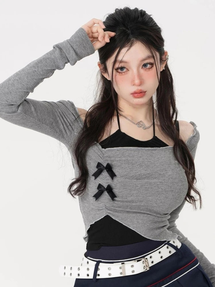 2025 Autumn New Slim Two Pieces Set Women Grunge Knitted Pleated Bow Tops + Sleeveless Halter Solid Vest Y2k Aesthetic Fashion