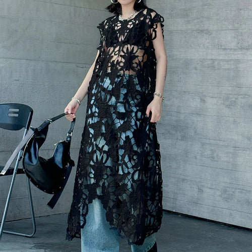 Load image into Gallery viewer, Women Black Lace Hollow Out Perspective Big Size Dress New Round Neck Sleeveless Fashion Tide Spring Summer 2025 1DJ0243
