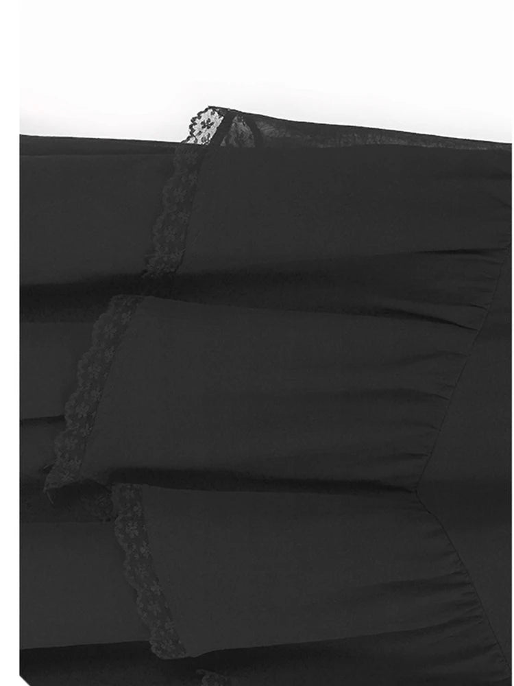 Women Black Flower Pearl Big Size Elegant Lace Midi Dress New V-Neck Short Sleeve Fashion Tide Spring Summer 2025 1DJ1419