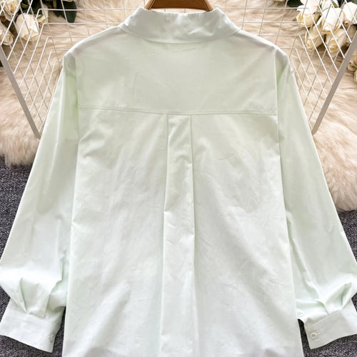 Load image into Gallery viewer, Spring Solid Single Breasted Long Sleeved Holiday Cardigan Shirt Women Loose Versatile Office Lady Pleated Blouse Simplicity New
