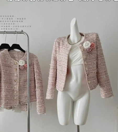 Autumn New Women's Pink Temperament Versatile Round Neck Festival Jacket French Fashion Single Breasted Long Sleeve Short Coat