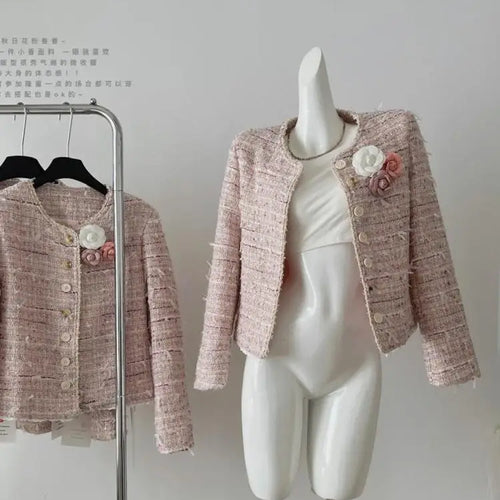 Load image into Gallery viewer, Autumn New Women's Pink Temperament Versatile Round Neck Festival Jacket French Fashion Single Breasted Long Sleeve Short Coat
