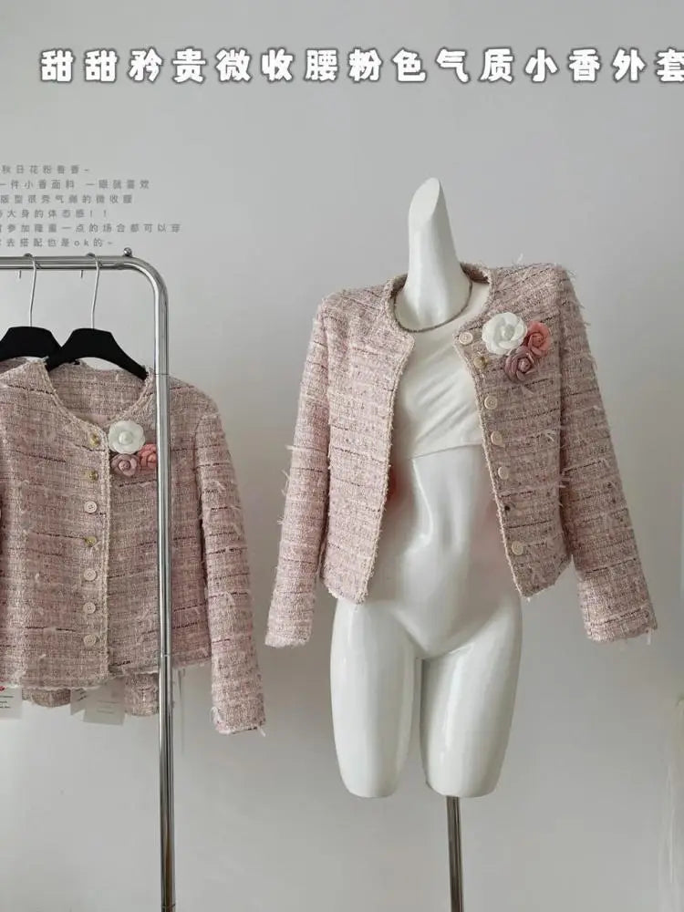 Autumn New Women's Pink Temperament Versatile Round Neck Festival Jacket French Fashion Single Breasted Long Sleeve Short Coat