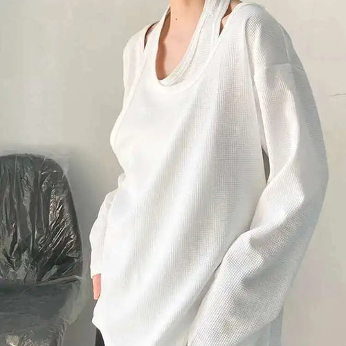 Load image into Gallery viewer, Women White Irregular False Two Big Size Casual T-shirt New Round Neck Long Sleeve Fashion Tide Spring Autumn 2025 1DF8508
