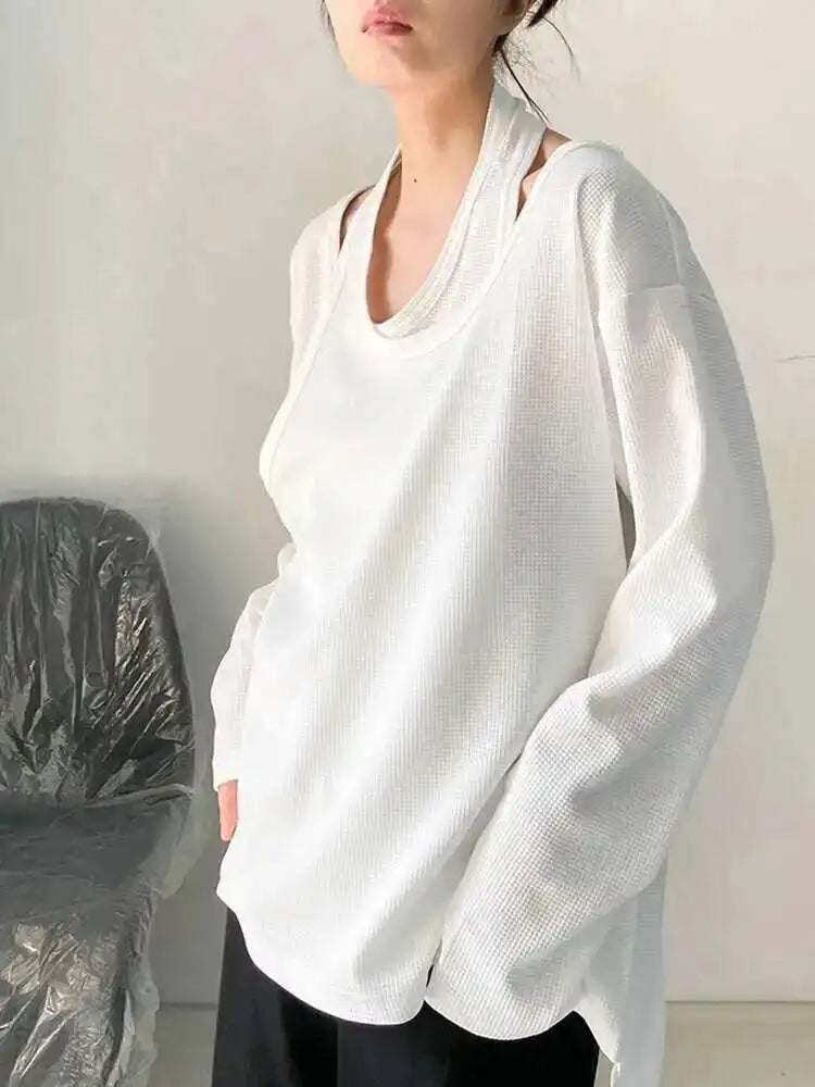 Women White Irregular False Two Big Size Casual T-shirt New Round Neck Long Sleeve Fashion Tide Spring Autumn 2025 1DF8508