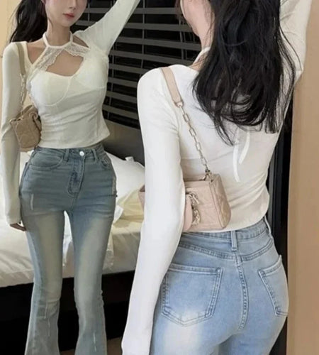 y2k Crop Top Women Fairycore Clothing Lace Patchwork Round Neck Long Sleeve Halter Neck T Shirt 2000s Aesthetic Clothes