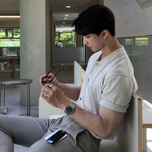 Load image into Gallery viewer, Men's Knitted Short Sleeve T-shirt Youth Handsome Turn-down Neck T-shirts New Korean Summer Loose Top Trendy 2025 9W1359
