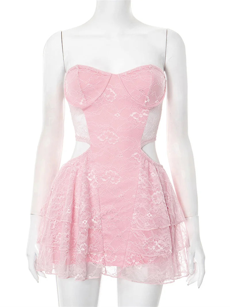 Lace Hollow Out Sexy Mini Dress Women Summer New Off-shoulder Strapless Sleeveless Backless A-line Club Party Dress