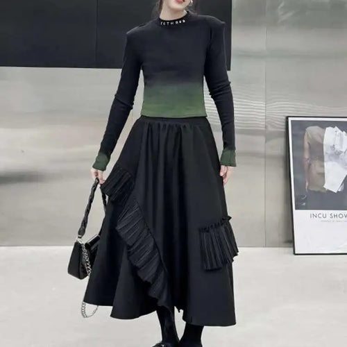 Load image into Gallery viewer, High Elastic Waist Black Irregular Pleated A-line Half-body Casual Skirt Women Fashion Tide New Spring Autumn 2025 1DH3690
