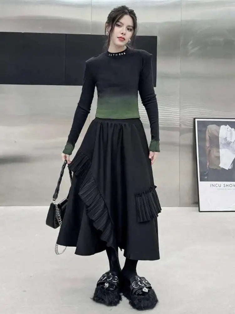 High Elastic Waist Black Irregular Pleated A-line Half-body Casual Skirt Women Fashion Tide New Spring Autumn 2025 1DH3690