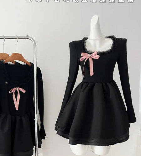 Vintage Black Elegant Long Sleeves O Neck Slim Short Dress Fashion High Waist Bow Ruffles Evening Dress Autumn Winter Clothing