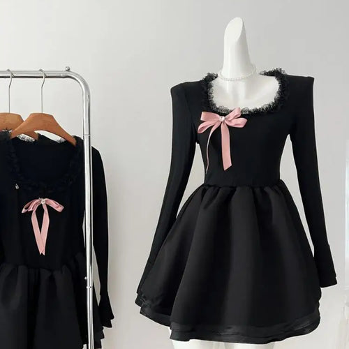 Load image into Gallery viewer, Vintage Black Elegant Long Sleeves O Neck Slim Short Dress Fashion High Waist Bow Ruffles Evening Dress Autumn Winter Clothing
