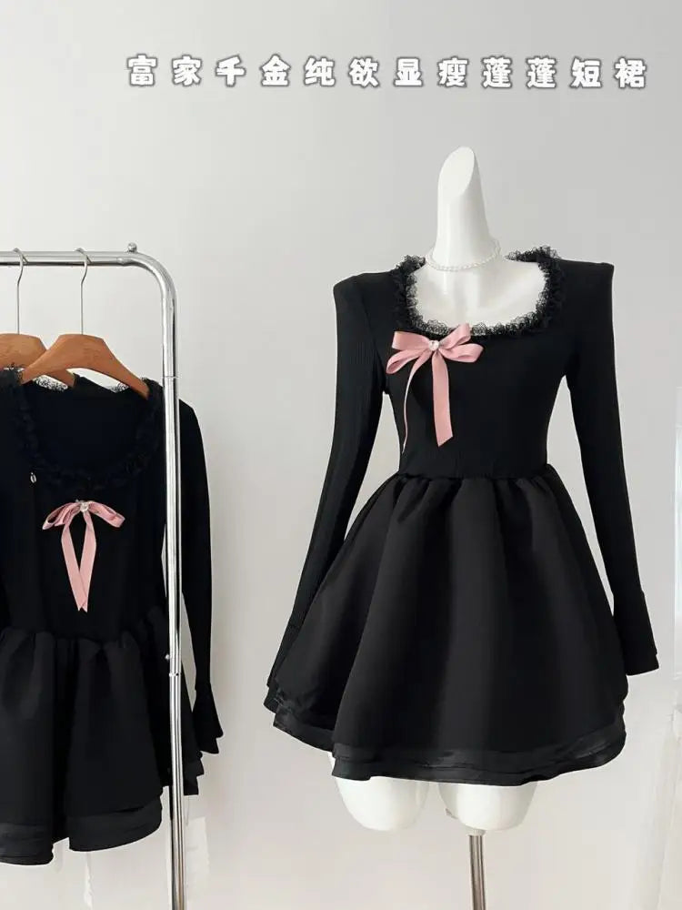Vintage Black Elegant Long Sleeves O Neck Slim Short Dress Fashion High Waist Bow Ruffles Evening Dress Autumn Winter Clothing
