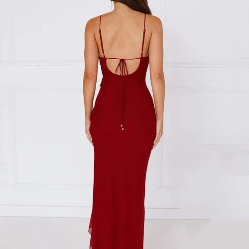 Load image into Gallery viewer, Spaghetti Strap Ruffle Sexy Maxi Dress Women Summer New Lace-up Sleeveless Backless Split Bodycon Long Dress Elegant
