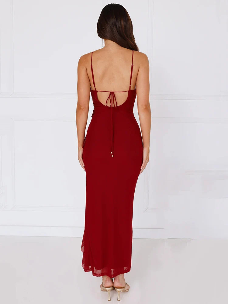 Spaghetti Strap Ruffle Sexy Maxi Dress Women Summer New Lace-up Sleeveless Backless Split Bodycon Long Dress Elegant