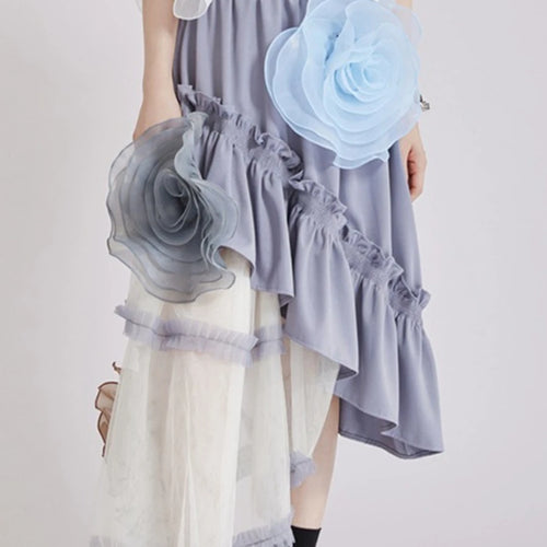 Load image into Gallery viewer, Hit Color Sheer Spliced Mesh Irregular Skirts for Women High Waist Patchwork 3D Flower Design Sense Skirt Female
