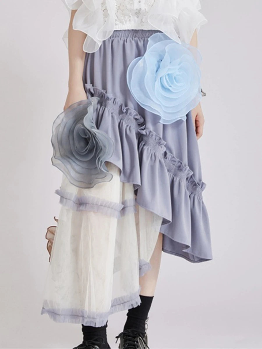 Hit Color Sheer Spliced Mesh Irregular Skirts for Women High Waist Patchwork 3D Flower Design Sense Skirt Female