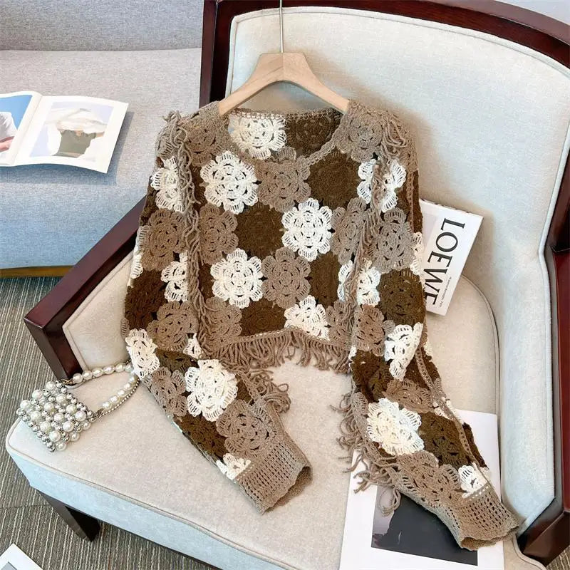 French Vintage 2024 New Women's Patchwork Tassel Hollow Out Long Sleeved Crochet Sweater Autumn Round Neck Elegant Knitted Tops