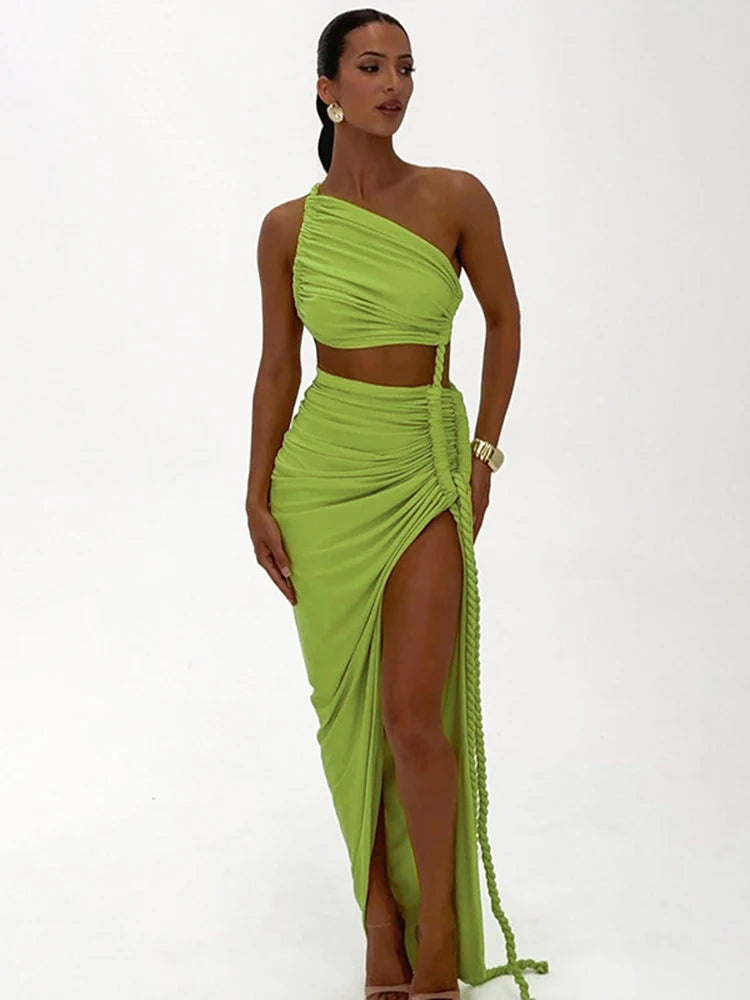 Off-shoulder Thigh High Split Sexy Maxi Dress For Women Fashion Strapless Sleeveless Ruched Bodycon Club Party Dress