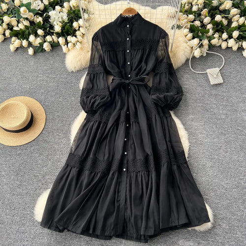 Load image into Gallery viewer, Vintage Women's Solid Single Breasted Bow Lace- Up Long Dress Autumn Lace Patchwork Long Sleeved Evening Party Princess Dresses
