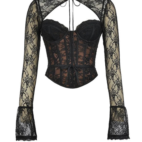 Load image into Gallery viewer, Elegant Lace Printed Patchwork Long Sleeve Hollow Out Women Top Set Sexy Perspective Fishbone Tight Strap Up 2025 Set
