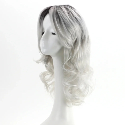 Load image into Gallery viewer, Grey Long Curly Wavy Wigs for Women Synthetic Hair Dark Roots Ombre White Wig Natural Soft Fluffy Body Wave Female Wig
