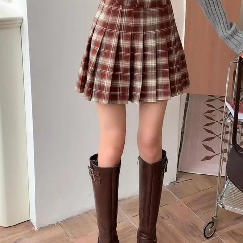 Load image into Gallery viewer, Korean Style Women's Black Plaid High Waist Corduroy Pleated Short Skirt Autumn Winter Ladies Retro Red Elegant Sexy Mini Skirts
