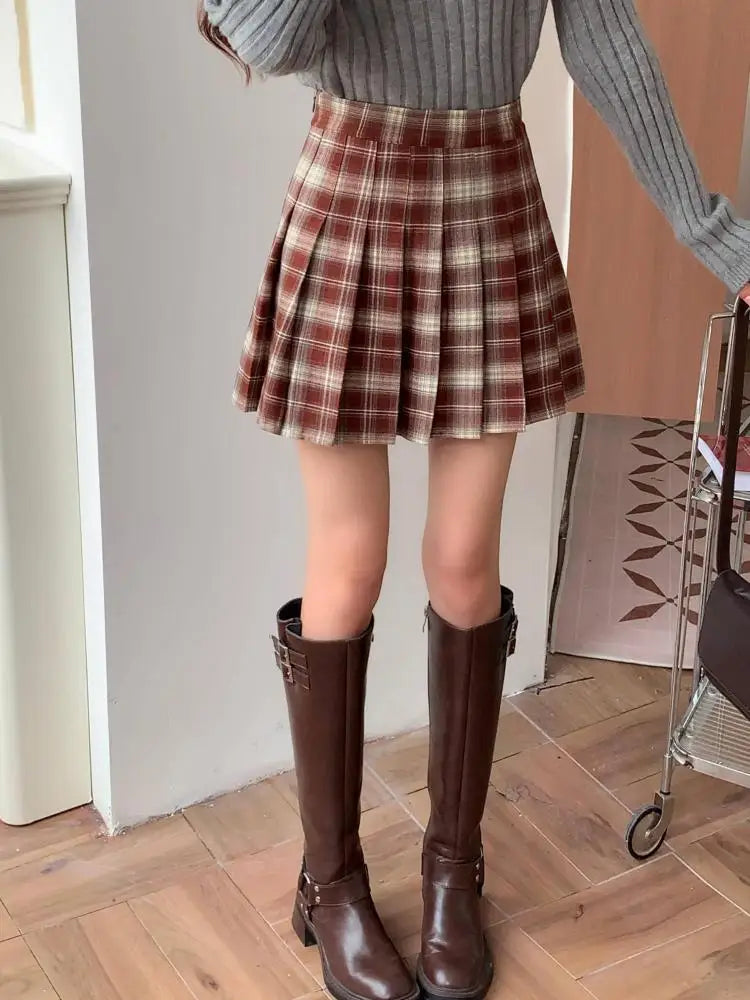 Korean Style Women's Black Plaid High Waist Corduroy Pleated Short Skirt Autumn Winter Ladies Retro Red Elegant Sexy Mini Skirts