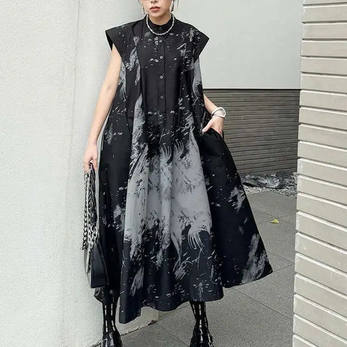 Load image into Gallery viewer, Women Black Pattern Printed Big Size Midi Shirt Dress New Stand Collar Sleeveless Fashion Tide Spring Summer 2025 1DH5837
