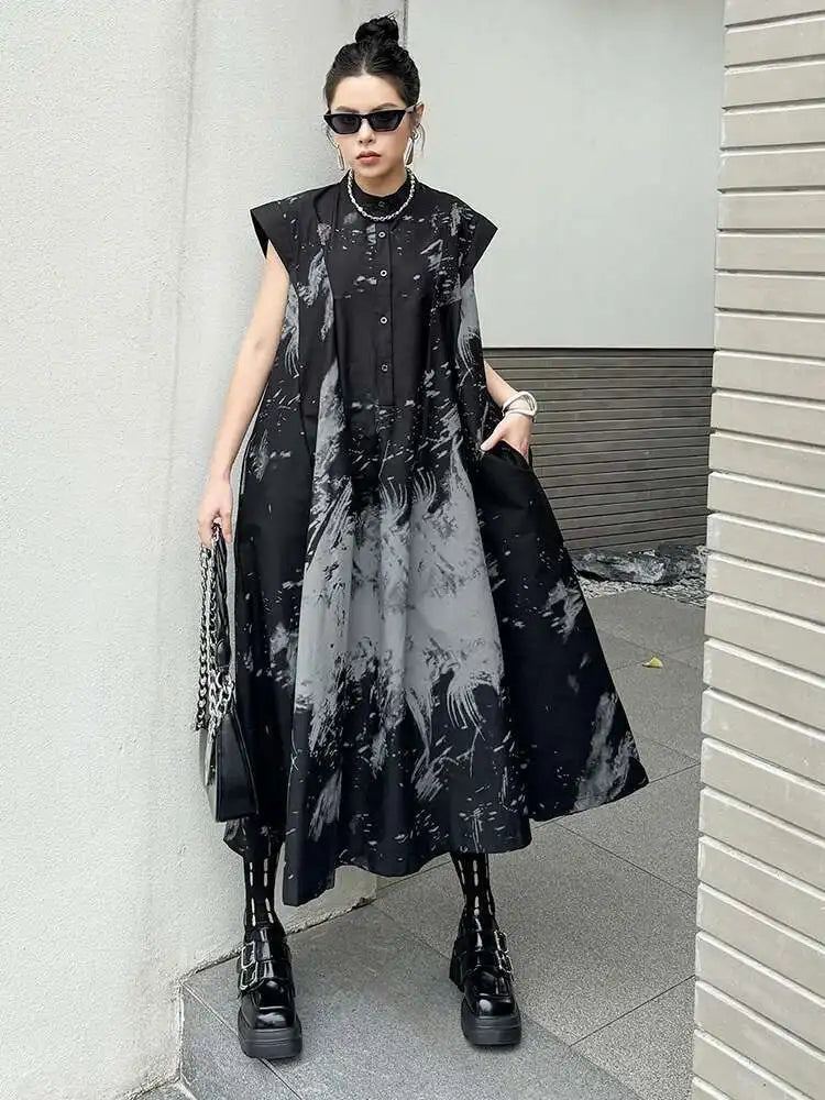Women Black Pattern Printed Big Size Midi Shirt Dress New Stand Collar Sleeveless Fashion Tide Spring Summer 2025 1DH5837