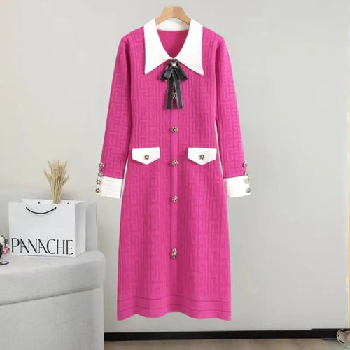 Load image into Gallery viewer, French Patchwork Long Sleeved Lapel Bow Dress Autumn Winter New Temperament Slim Button Knitted A-line Dress Women Chic Clothing
