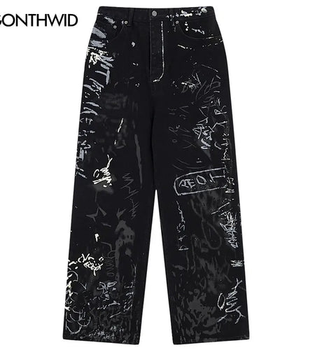 Hip Hop Black Jeans Y2K Men Graffiti Print Straight Wide Baggy Loose Denim Pants Streetwear 2023 Harajuku Fashion Punk Trousers