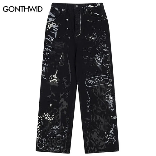 Load image into Gallery viewer, Hip Hop Black Jeans Y2K Men Graffiti Print Straight Wide Baggy Loose Denim Pants Streetwear 2023 Harajuku Fashion Punk Trousers
