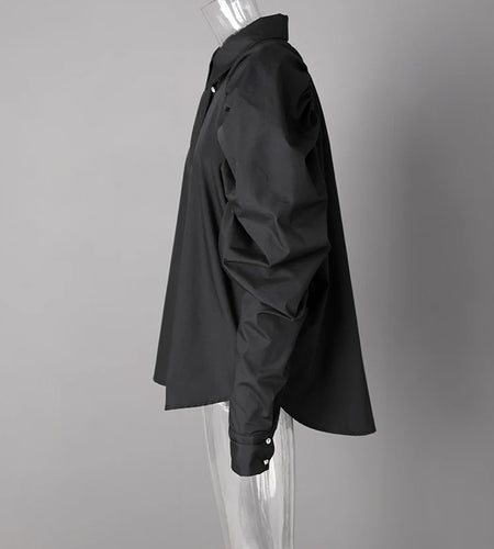 Women Black Pleated Shaped Big Size Elegant Blouse New Lapel Long Puff Sleeve Shirt Fashion Spring Autumn 2025 CPG2607