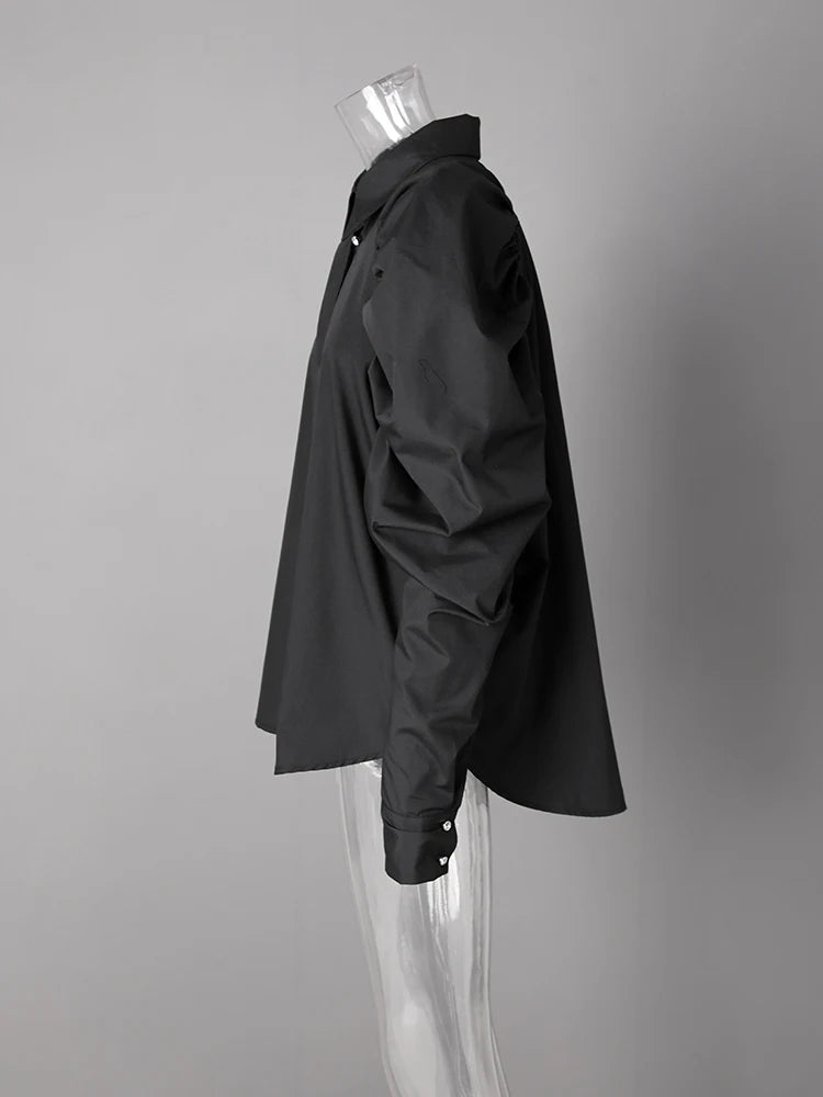 Women Black Pleated Shaped Big Size Elegant Blouse New Lapel Long Puff Sleeve Shirt Fashion Spring Autumn 2025 CPG2607