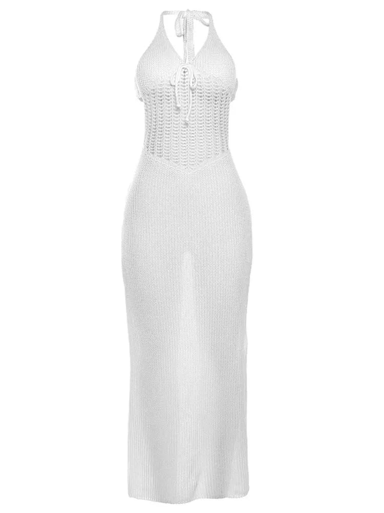 Sexy Sleeveless Bodycon Evening Dress For Women 2024 Autumn New Fashion Hanging Collar Low Cut Backless Knitted Hollow