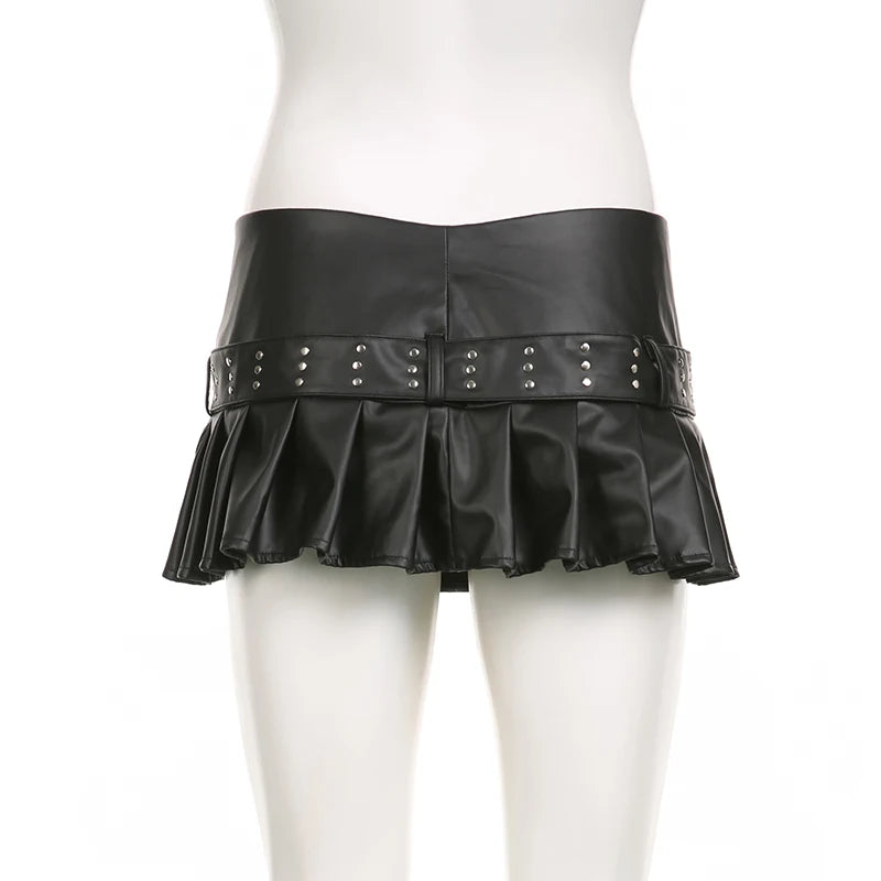 Streeetwear Pink Low Waist Sexy Belted Pleated Skirt Women Zipper Rivet Party Leather Skirt Super Short Slit Gothic