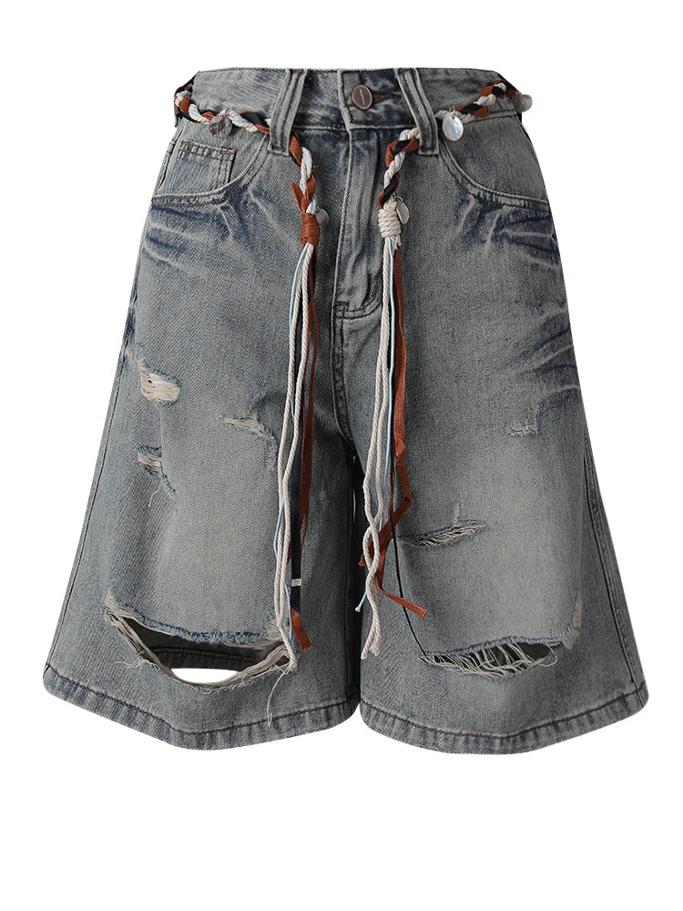 High Waist Blue Denim Bandage Knee Length Wide Leg Jeans New Women Trousers Fashion Tide Spring Autumn 2025 CPG3001