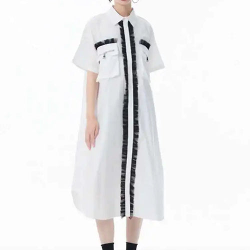 Load image into Gallery viewer, Women White Mesh Color-block Big Size Midi Shirt Dress New Lapel Short Sleeve Fashion Tide Spring Summer 2025 1DJ0003
