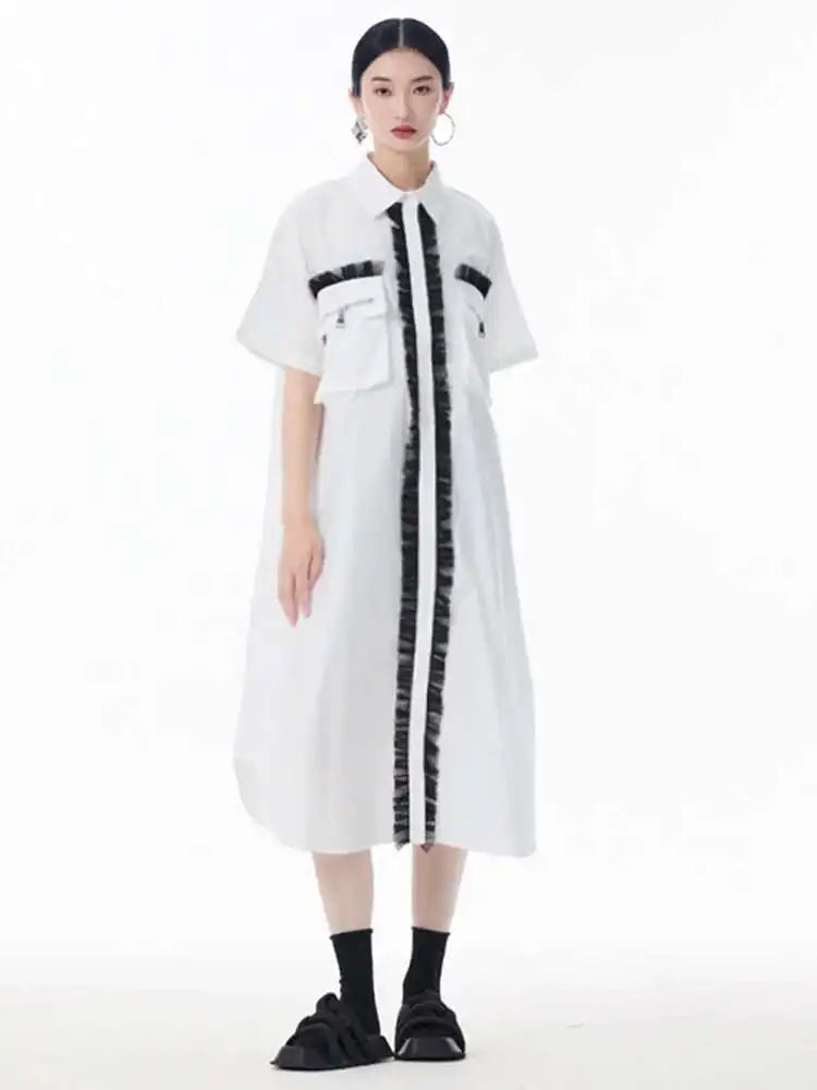 Women White Mesh Color-block Big Size Midi Shirt Dress New Lapel Short Sleeve Fashion Tide Spring Summer 2025 1DJ0003